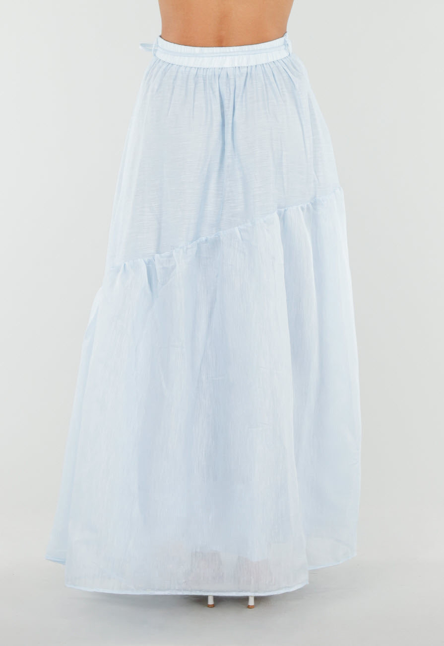 Lichtblauwe Maxi Rok met Strikceintuur en Volant