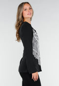 Zwarte Blazer met Lange Mouwen en Wit Kant Detail