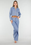 Lichtblauwe Mid Waist Wide Leg Jeans met Raw Edge Zoom