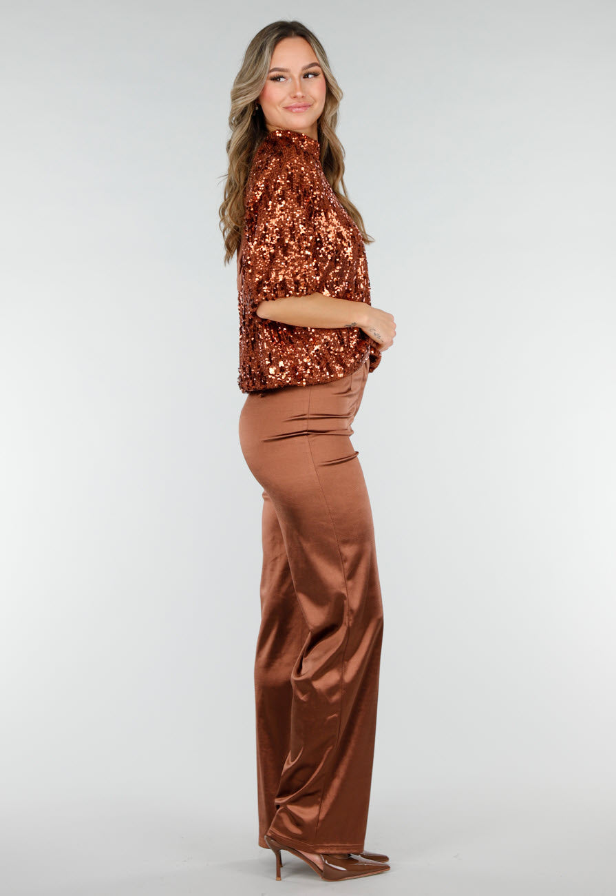 Bronzen Pailletten Top met Korte Mouwen