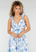 Witte Maxi Jurk met Blauwe Bloemenprint en Ruches
