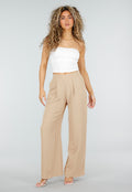High Waist Beige Linnen Look Petite Broek met Tailleband