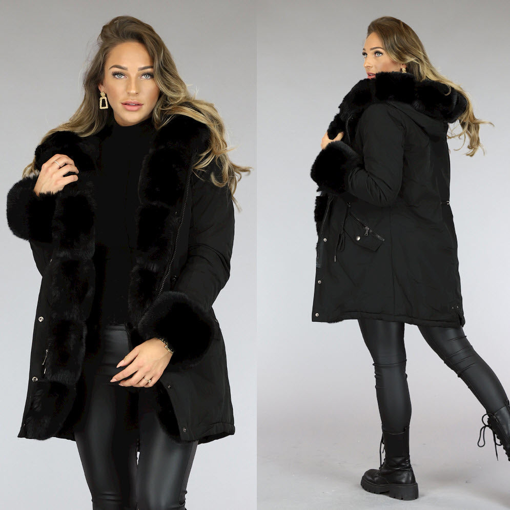 Zwarte Bont Winterjas met Capuchon