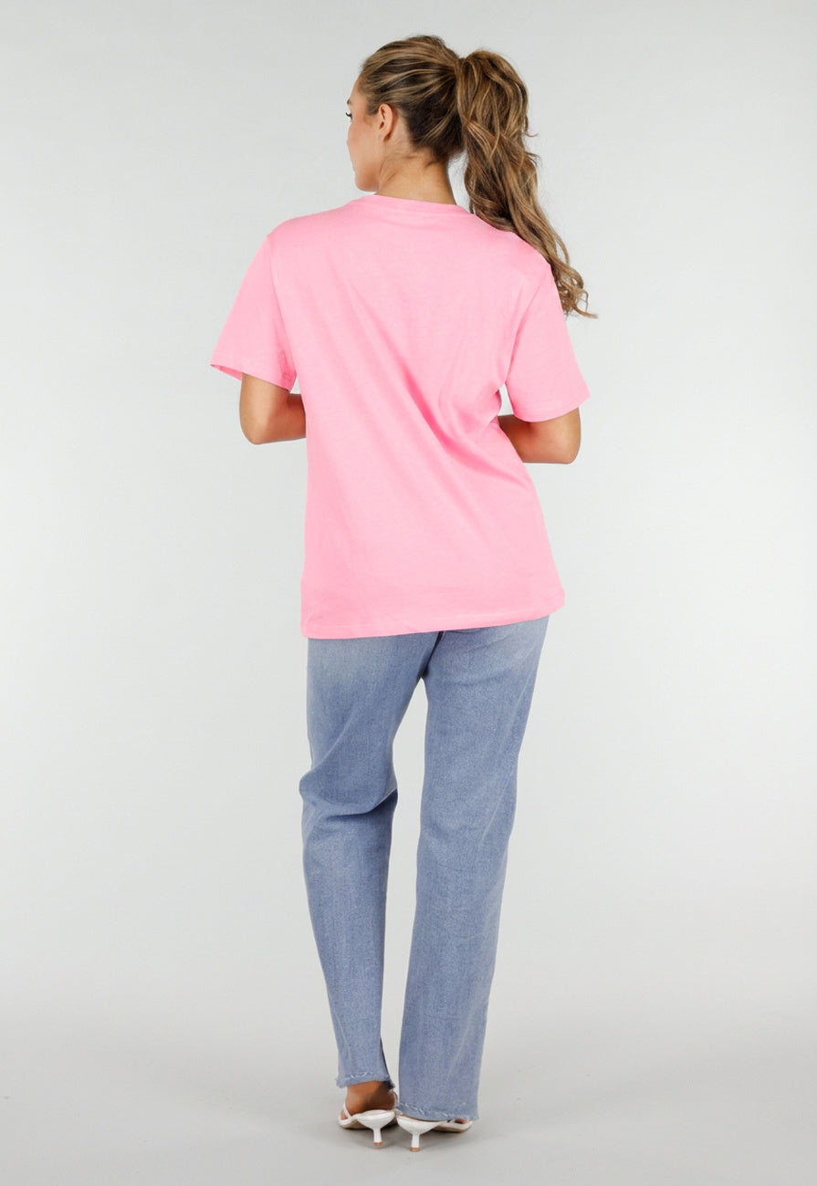 Roze Basic T-Shirt met Ronde Hals en Korte Mouwen