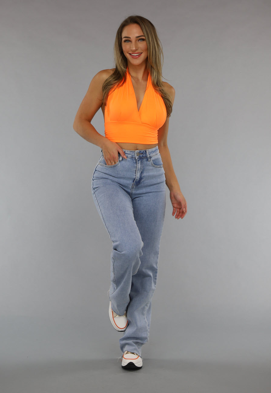 Neon Oranje Halter Top met Strikdetail