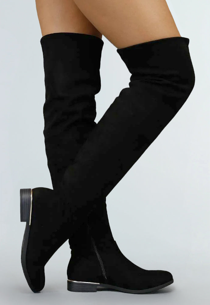 Basic Zwarte Suède-Look Overknee Laarzen met Kleine Hak