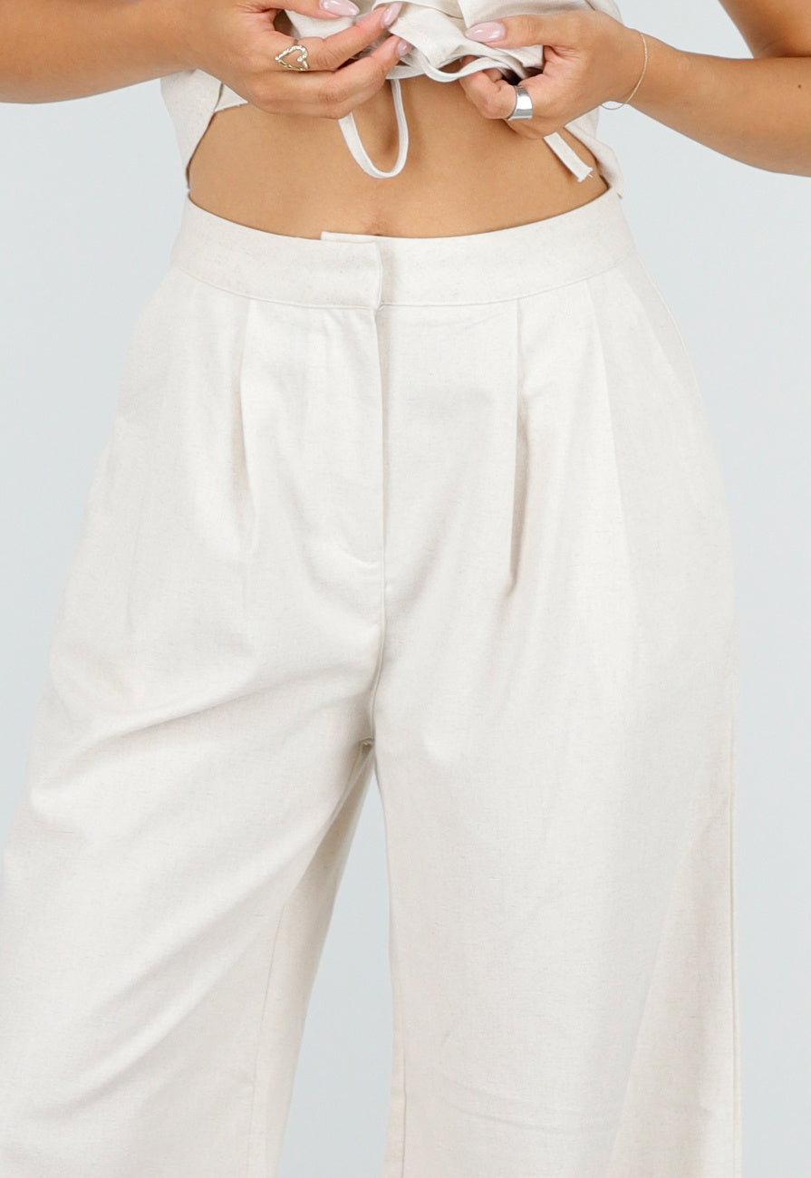 Beige Spaghettiband Top met Wide Leg Broek Set