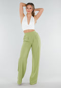 Groene Linnenlook Wide Leg Pantalon met Hoge Taille en Plooien