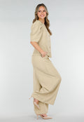 Beige Top met Pofmouwen en Knopen