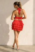 Rode Polkadot Halter Top met Ruffle Skort Set