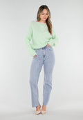 Mintgroene Gebreide Wollen Twist Trui met V Hals en Open Rug