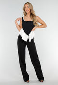 Zwart-Witte Stretch Top met Ronde Hals en Ruffle Detail aan de Zoom