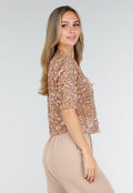 Beige Pailletten Top met Korte Mouwen en Ronde Hals