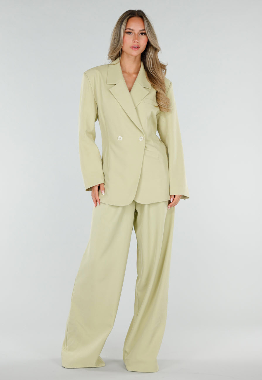 Pistache Groene Double Breasted Getailleerde Blazer met Reverskraag