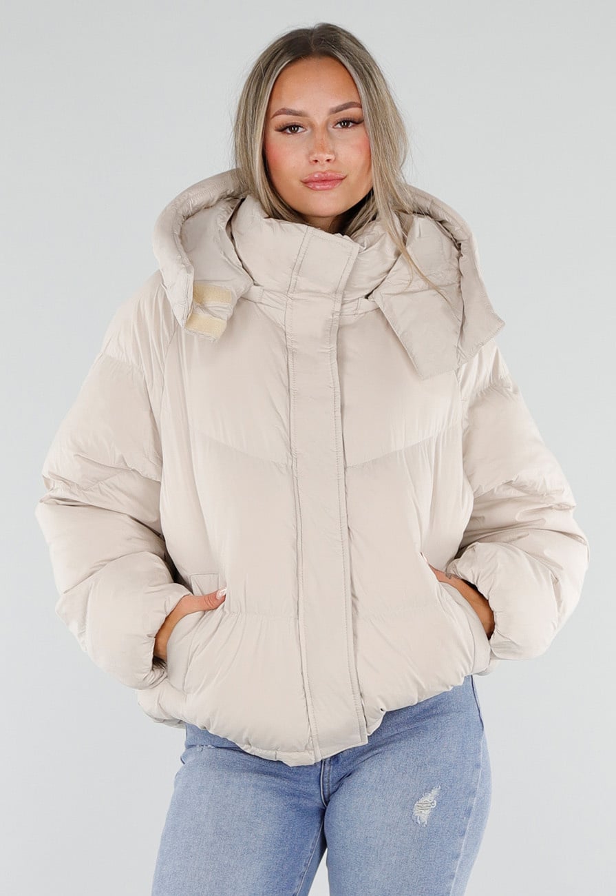 Beige Gewatteerde Puffer Winterjas met Capuchon en Rits