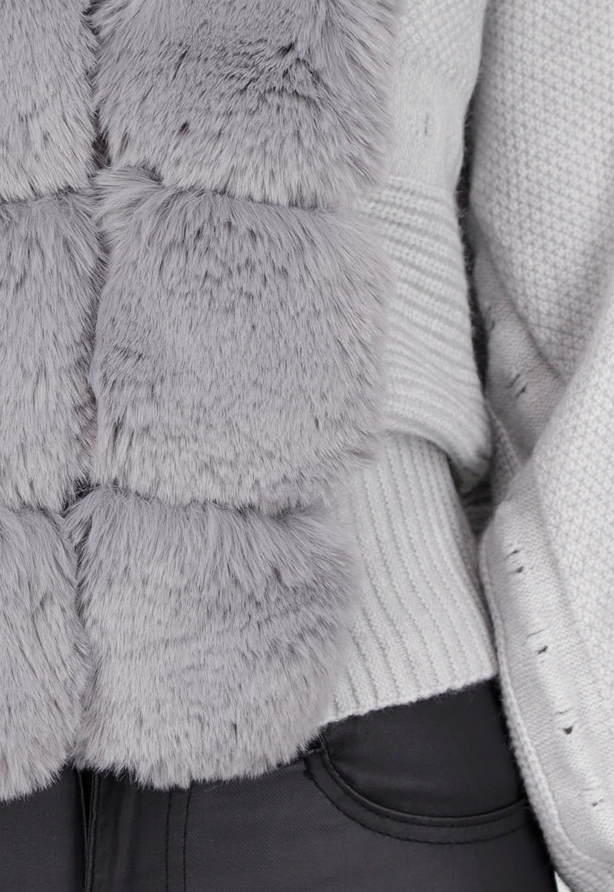 Grijs Gebreid Vest met Faux Fur Kraag en Strikdetails