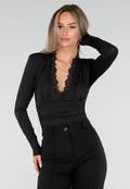 Zwarte Stretch Body met Diepe V-Hals en Kant