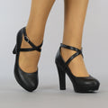 Zwarte Lederlook Pumps met Enkelbandje