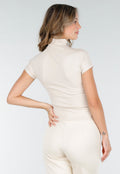 Beige Stretch Top met Col en Korte Mouwen