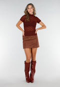 Bordeaux Gehaakte Stretch Top met Col en Korte Mouwen