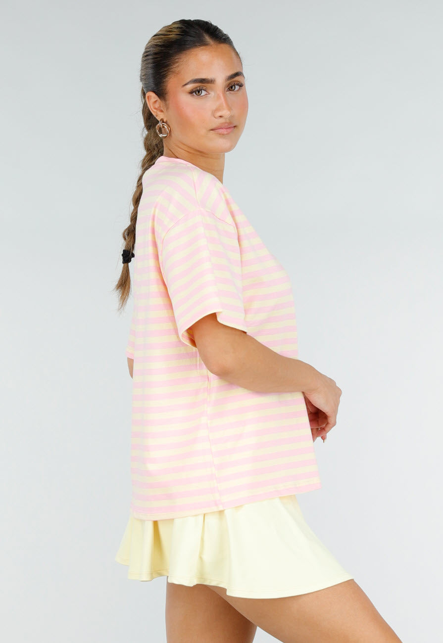 Roze en Geel Gestreept Oversized T-shirt met Korte Mouwen