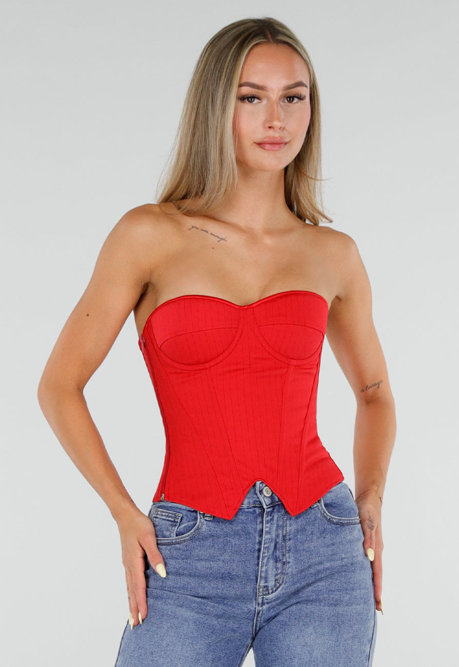 Rood Gestreept Strapless Korset met Baleinen, Beugel en Rits