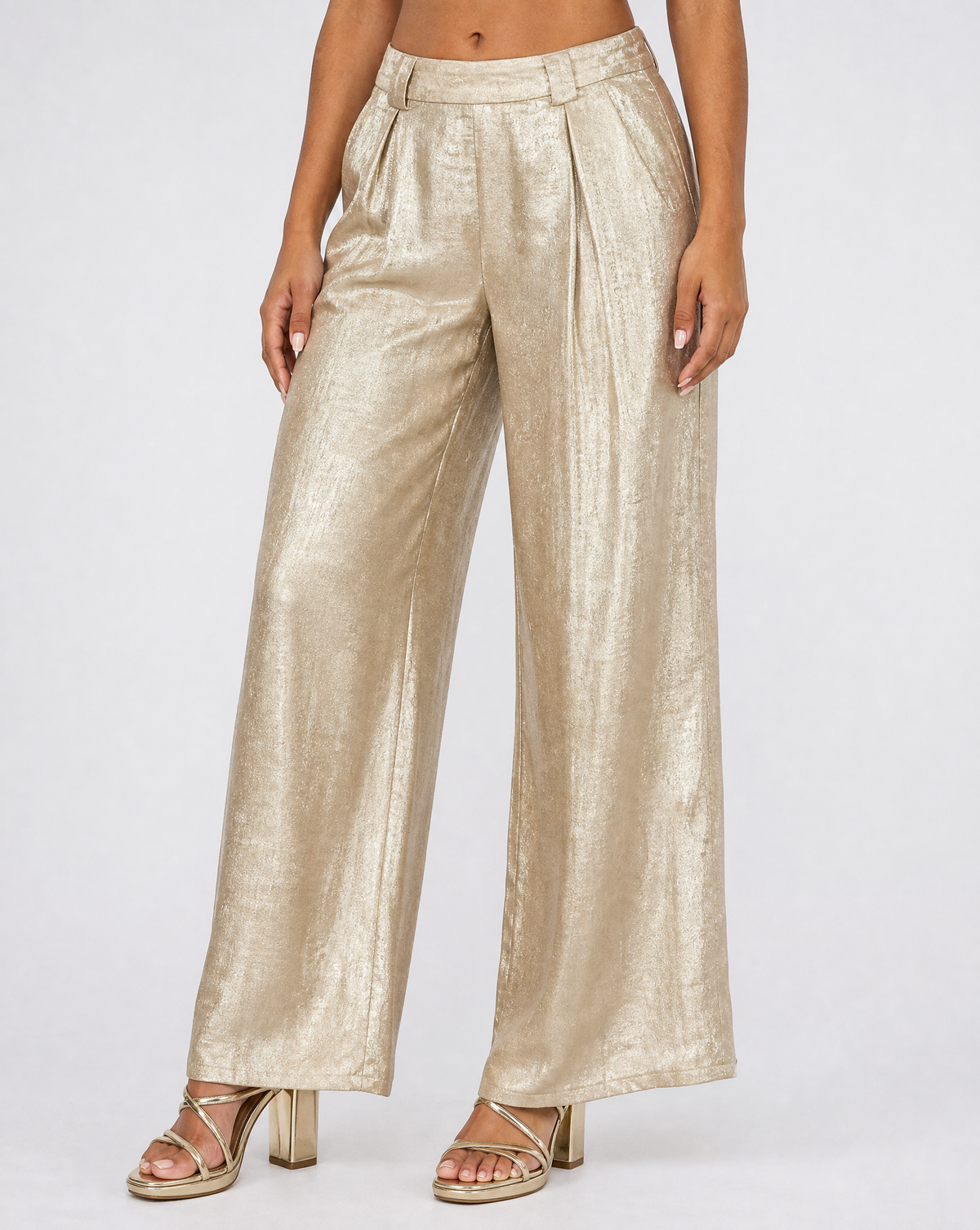 Gouden Wide Leg Broek met Plooien en Stretch Taille
