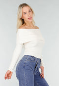 Ecru Off Shoulder Top met Lange Mouw
