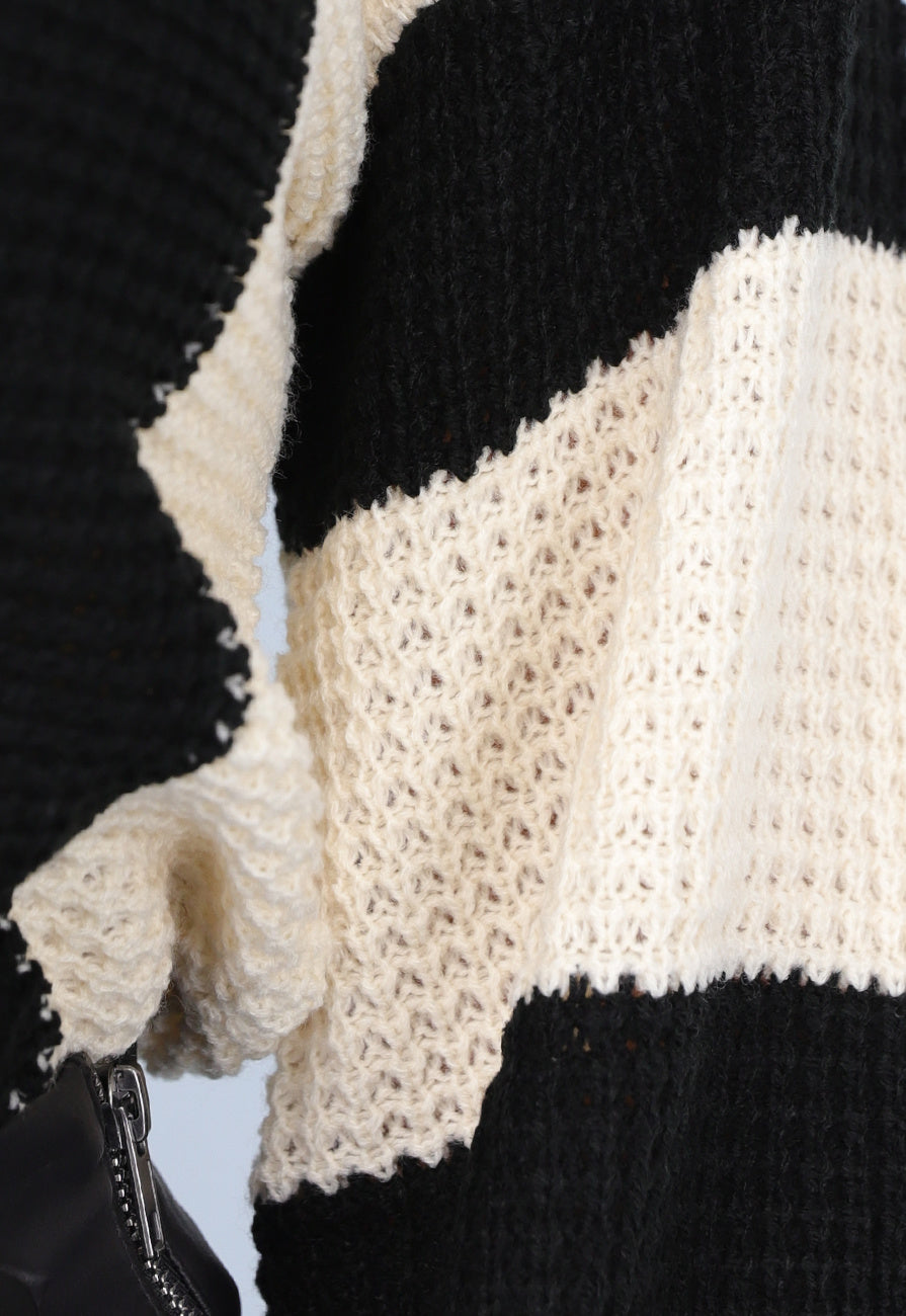 Gestreepte Zwart/Beige Trui met Wijde Mouwen