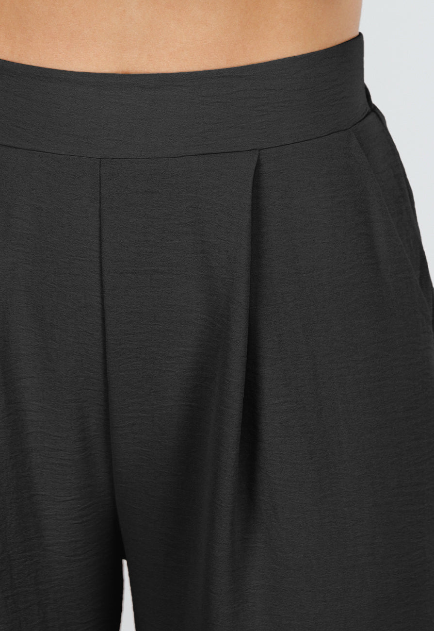 High Waist Zwarte Linnen Look Broek met Tailleband