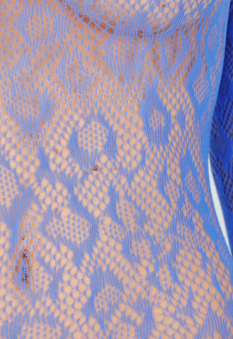 Blauwe Mesh Bodystocking met Lange Mouwen en Open Rug