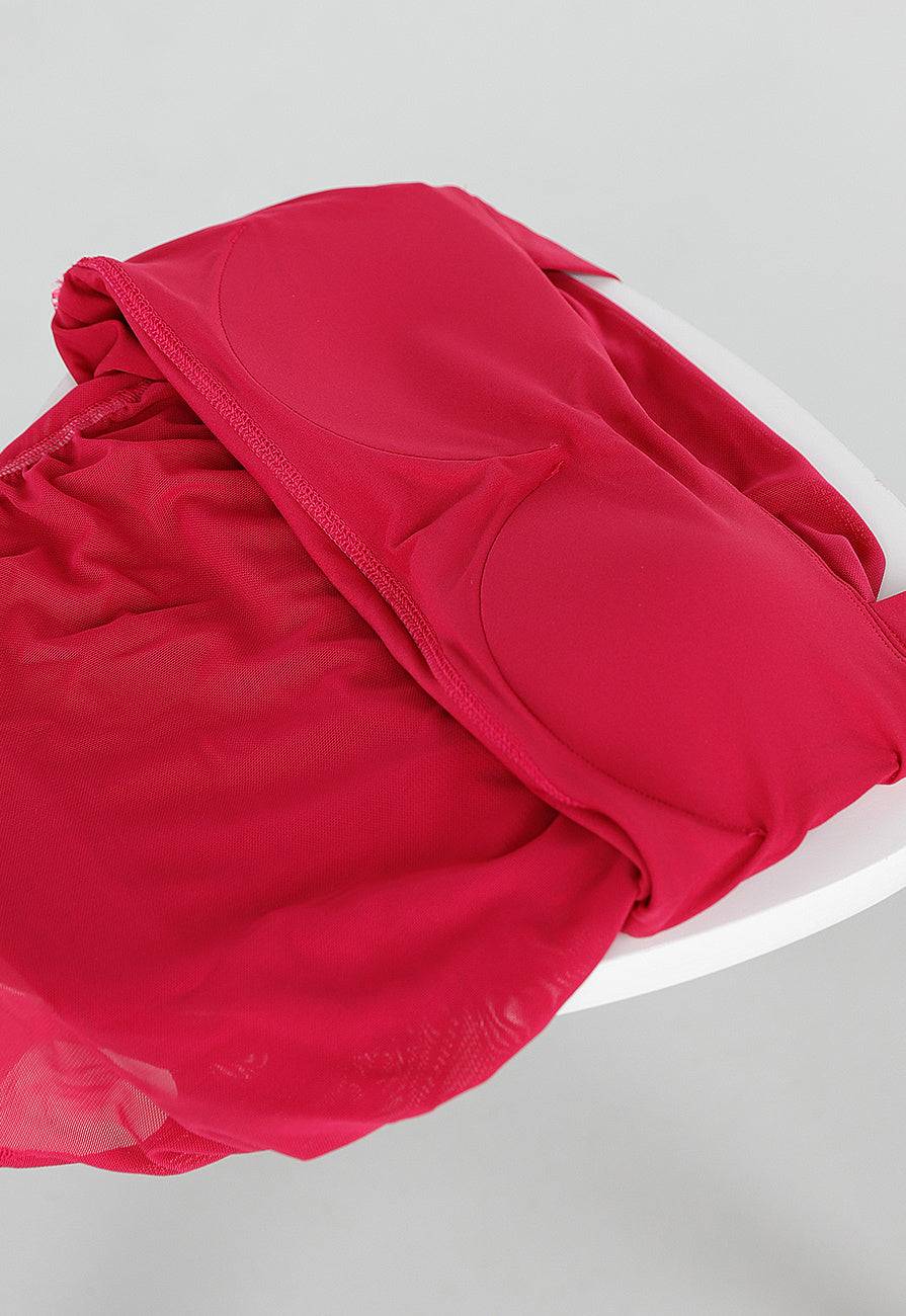 Rode Padded Halter Top met Mesh Detail Ruches en Stretch