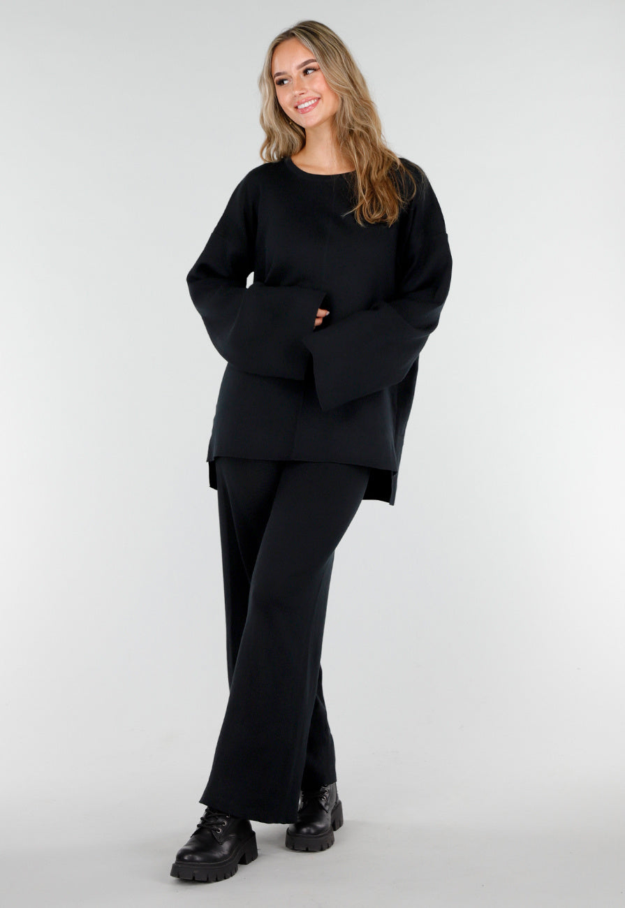 Zwarte Two Piece Set met Wijde Mouwen en Stretch