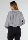 Zwarte Gestreepte Blouse met Kant en Strass Knopen