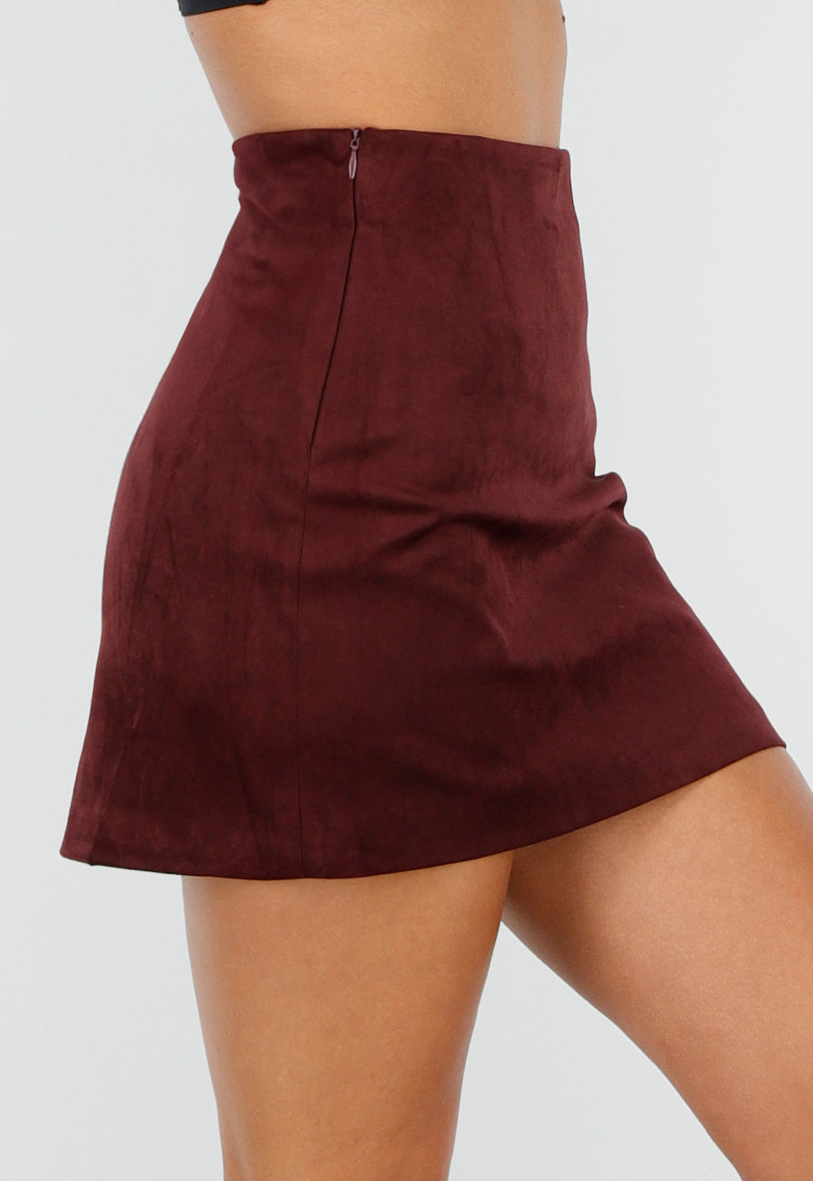Bordeauxrode Suèdelook Rok in Mini Lengte met Effen Design