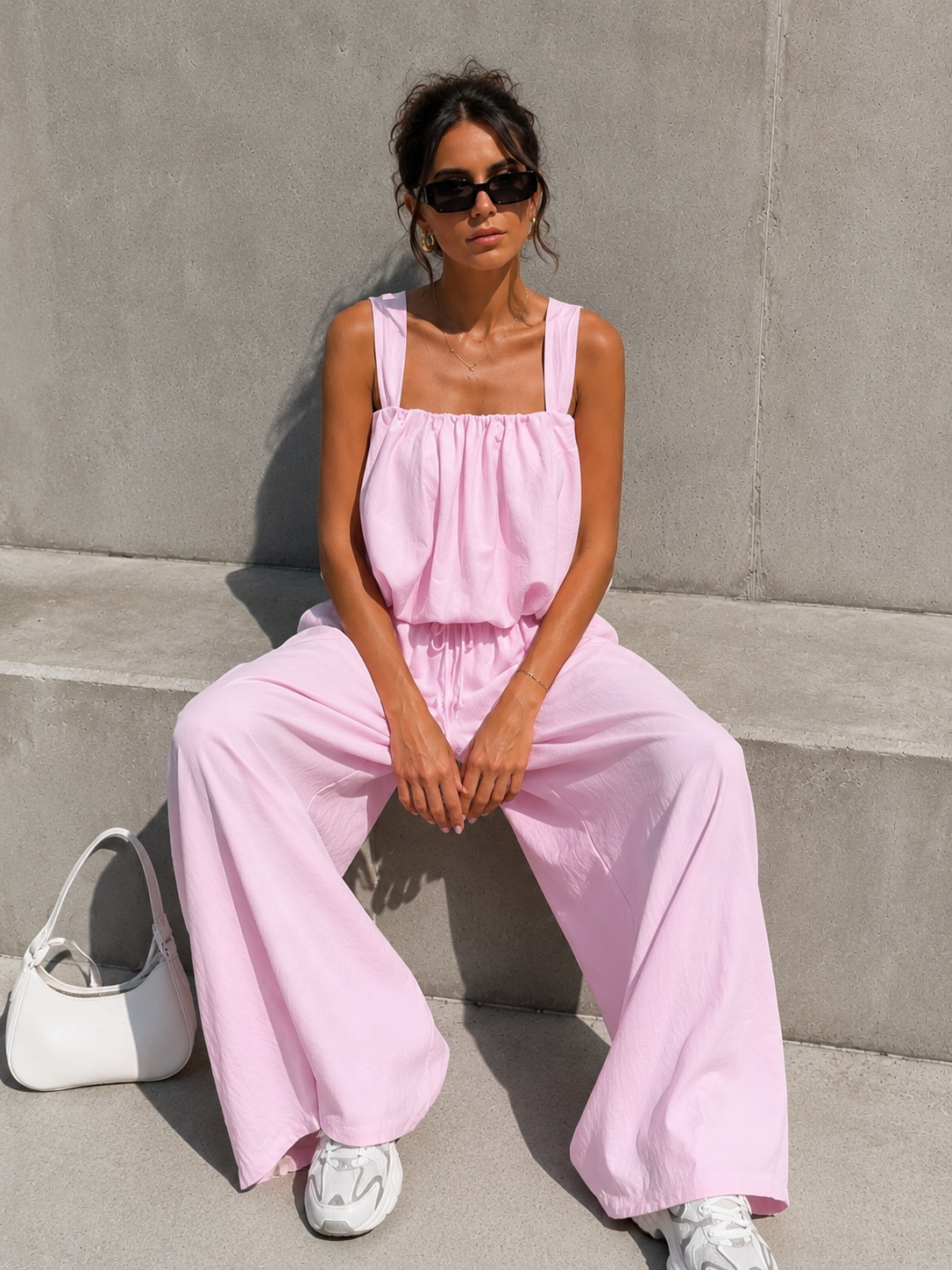 Lichtroze Stretch Two Piece Set met Mouwloze Top en Wide Leg Broek