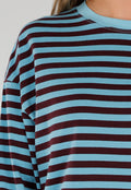 Blauw Bruin Gestreepte Top met Lange Mouwen en Ronde Hals