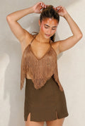 Bruine Fringe Haltertop met Open Rug