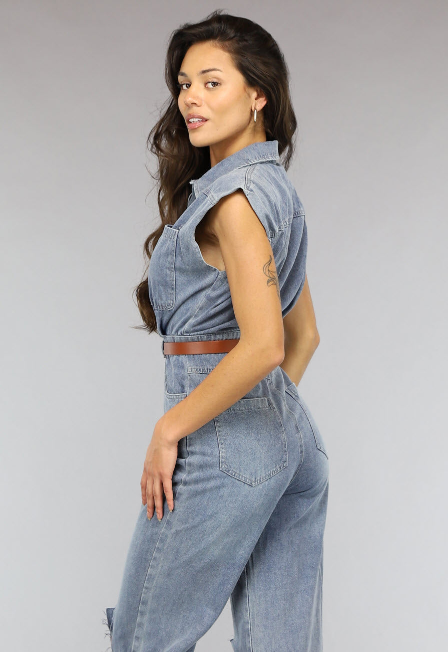 Mouwloze Denim Jumpsuit met Riem
