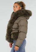 Khaki Korte Puffer Winterjas met Afneembare Bontkraag