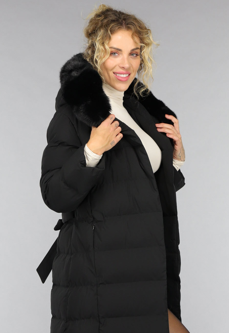 Zwarte Lange Pufferjacket met Bontkraag