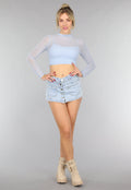 Babyblauwe Longsleeve Mesh Top met Ingewerkte Pads