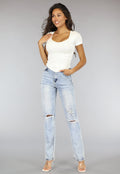 Witte Stretch Crop Top met Ronde Hals