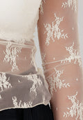 Crème Kanten Mesh Top met Bloemenprint en Stretch