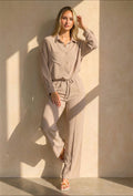 Beige Wide Leg Broek met Elastische Taille en Strikkoord