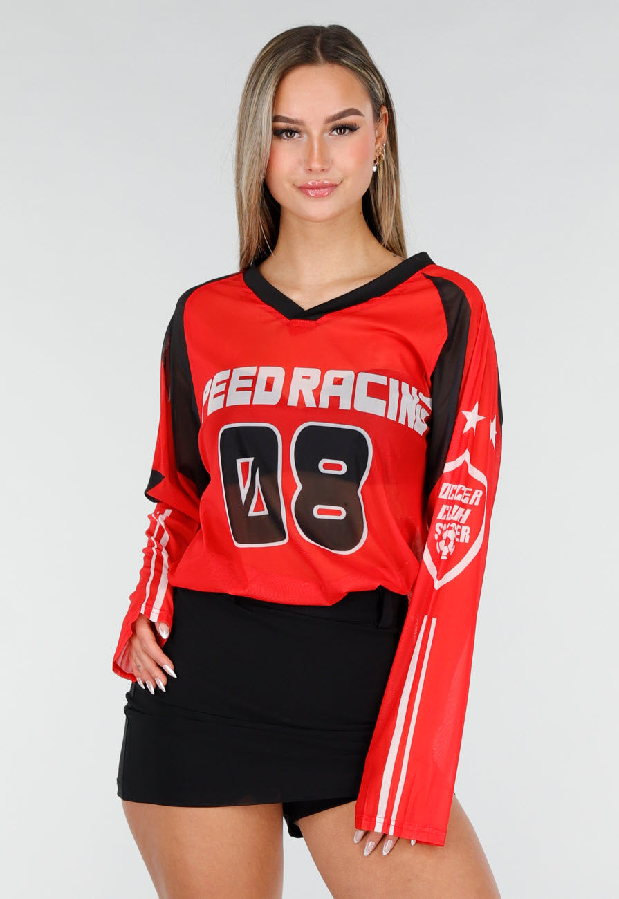 Rode Mesh Jersey Top met Lange Mouwen