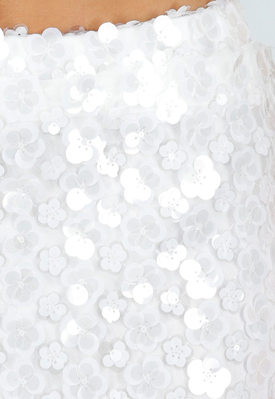 Witte Pailletten Mini Rok met Bloemen