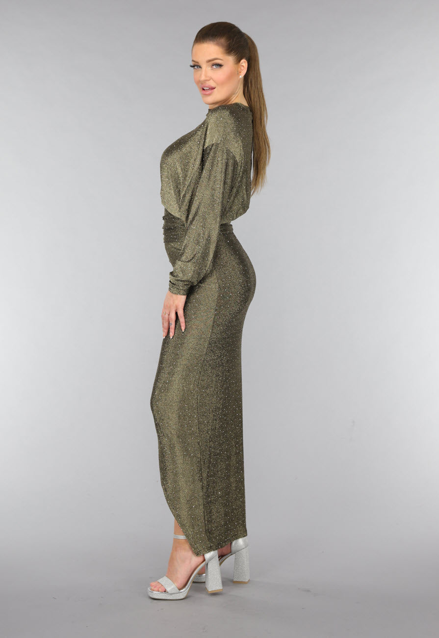 Gouden Maxi Jurk met Strass Steentjes