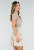 Beige Gehaakte Top met Korte Mouwen en Col