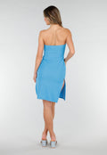 Blauwe Strapless Midi Jurk met Split en Stretch